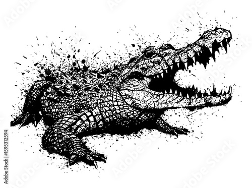 Aggressive Crocodile with Open Mouth Roaring Fiercely Black and White Drip Splat Abstract Art
