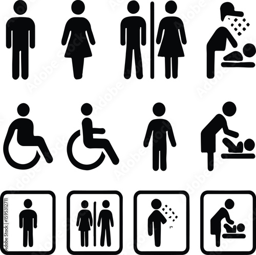 Set of public restroom and facility icons including male, female, unisex, shower, wheelchair, and baby changing symbols in black pictogram style