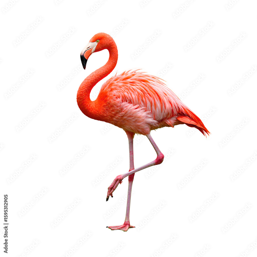 Obraz premium Elegant flamingo in vivid pink and coral hues poised gracefully on one leg yellow eyes glowing amid tropical wetland serenity