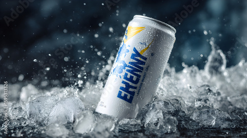 Energy Drink Can with Splashing Water and Ice Cubes