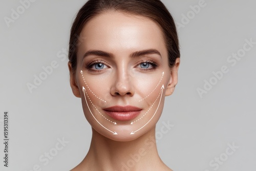 Rejuvenated Face with Lifting Arrows Demonstrating Facelift Results and Cosmetology Effects