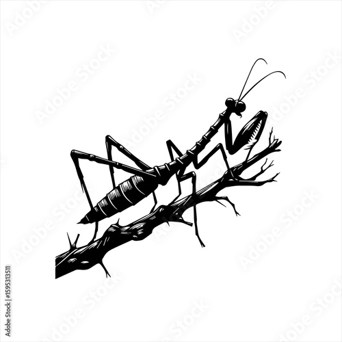 Praying mantis on a thin branch