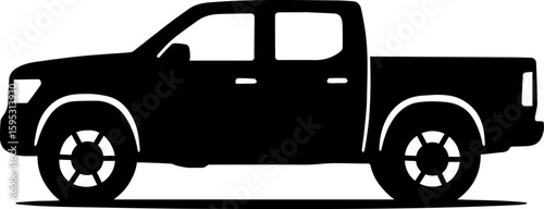 A black silhouette of a crew cab pickup truck with a white background