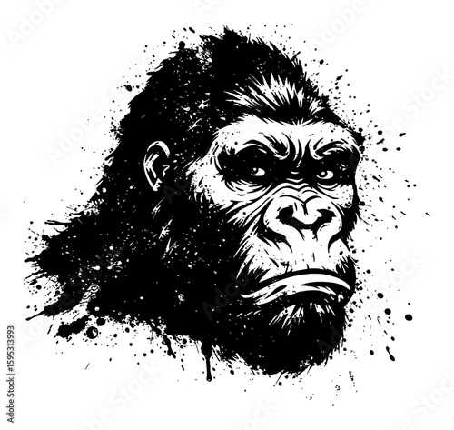 Powerful King Kong Head Gorilla Ape Portrait Black and White Drip Splat Abstract Art Illustration