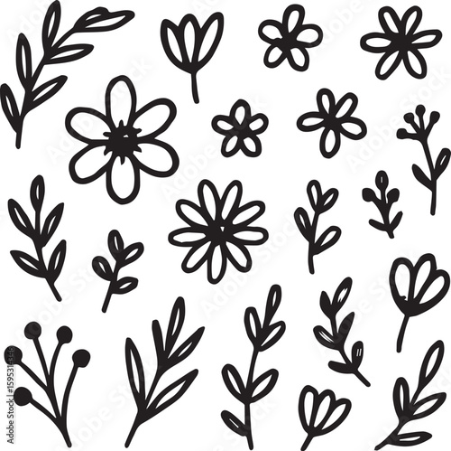Set of hand-drawn black floral doodles featuring simple flowers, leaves, and botanical elements in sketch style isolated on white background