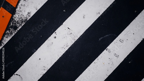 Black and white diagonal stripes creating a dynamic abstract composition, with orange accent