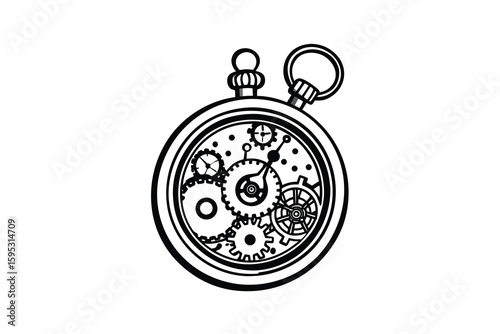 Detailed pocket watch illustration with visible gears and cogs perfect for steampunk themes time concepts or mechanical design projects presented in a clean black and