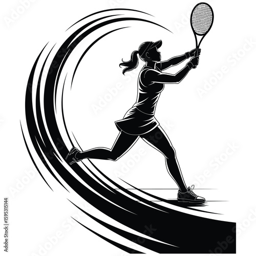 Female player doing a fast forehand stroke with motion lines, black and white silhouette vector illustration