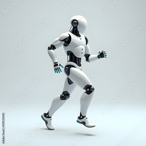 Modern White Robot Running Futuristic Minimalist Studio Shot; Clean Design, Dynamic Pose.