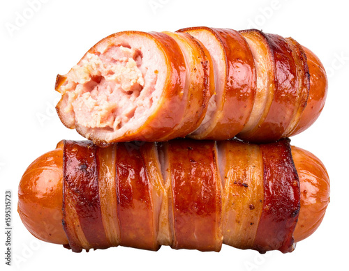  Stacked Bacon Wrapped Sausages with Bite Taken, Front Angle View, Isolated PNG