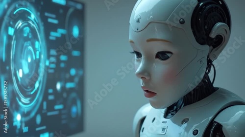Android Robot Child Looking at Futuristic Data Display Screen
