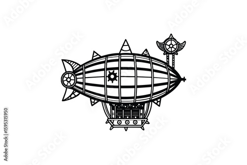 Steampunk Airship Illustration with Detailed Design Black and White Vector Graphic Fantasy Flying Machine Vintage Style Isolated on White Background Retro Technology Air Travel Concept