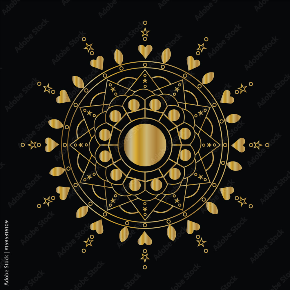 Golden sun mandala with intricate geometric Golden sacred geometry mandala on black background