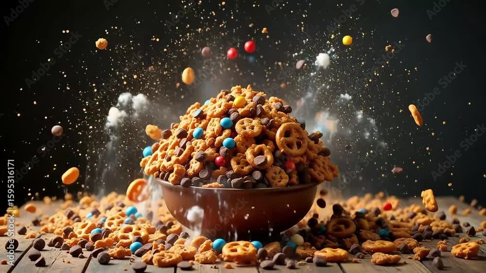 A bowl overflowing with pretzels, chocolate chips, and colorful candies in mid air on wood table
