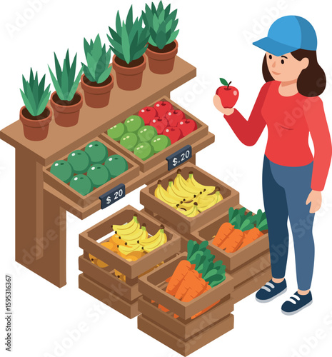 Woman shopping fresh fruits and plants at local market holding red apple healthy lifestyle vector illustration