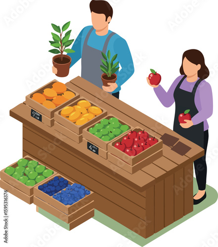 Fruit and Plant Market Stall with Two Sellers Displaying Fresh Produce and Greenery in Isometric Style Illustration