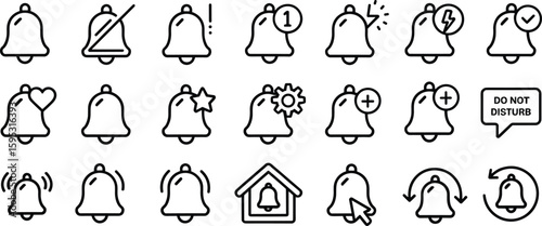 Notification bell icon set – alert, mute, warning, do not disturb, vibrating, settings, heart, favorite, pixel-perfect vector
