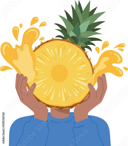 Pineapple slice held by hands with juice splash in vibrant vector illustration design