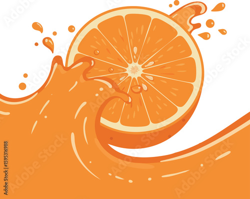 Orange fruit splash with vibrant juice wave vector illustration in bright orange color palette for fresh citrus design