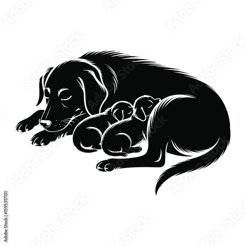Mother dog sleeping with puppies cuddled close, black and white silhouette vector illustration