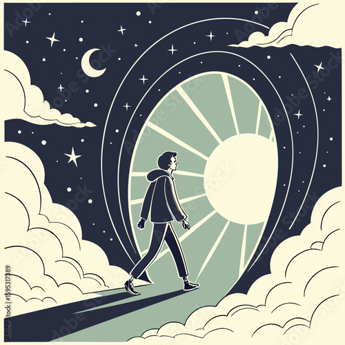 Cosmic portal opening in the sky with a figure walking into light vertical dreamy back t-shirt design