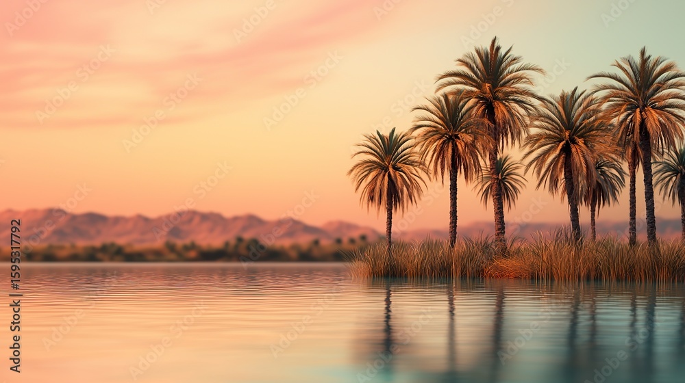 Obraz premium Blurred desert oasis background, palm trees, water