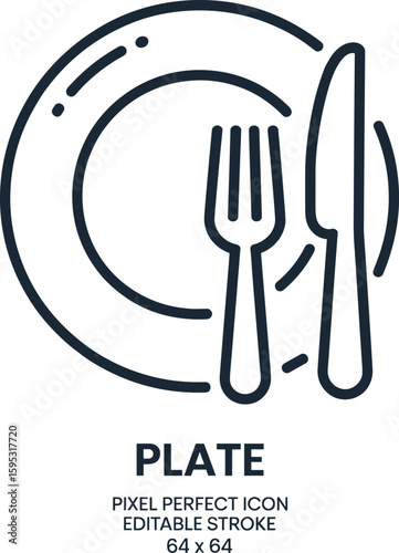 Plate icon with fork and knife, pixel perfect editable stroke, dining symbol, clean line vector for restaurant, food, kitchen app.
