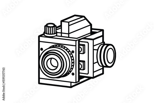 Detailed line art illustration of a complex optical component possibly a beamsplitter or similar device rendered in a technical drawing style on a white background