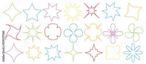 Big vector set of brutalist geometric shapes. Trendy abstract minimalist figures, stars, flowers, circles. Modern abstract graphic design elements. Vector illustration. EPS 10.