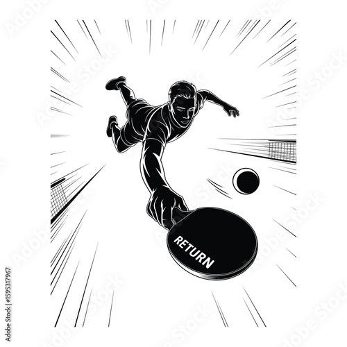 Player diving sideways to return ping pong ball, black and white silhouette vector illustration