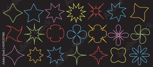 Big vector set of brutalist geometric shapes. Trendy abstract minimalist figures, stars, flowers, circles. Modern abstract graphic design elements. Vector illustration. EPS 10.