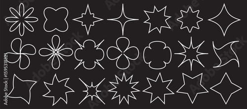 Big vector set of brutalist geometric shapes. Trendy abstract minimalist figures, stars, flowers, circles. Modern abstract graphic design elements. Vector illustration. EPS 10.