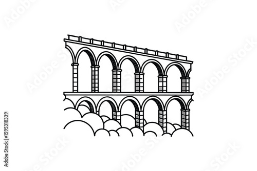 Stylized aqueduct illustration with arches and clouds perfect for travel history or architectural themes presented in a clean minimalist black and white line art style