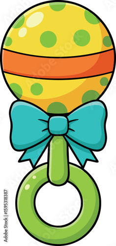 Baby rattle with green polka dots and turquoise bow vector illustration for newborn and infant soothing toy design