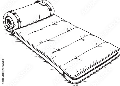 Camping Mat Illustration: This detailed illustration depicts a camping mat, offering a sense of adventure and outdoor comfort. The drawing highlights the rolled-up feature with fastening straps.