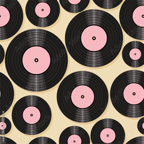 Seamless pattern print wallpaper with vinyl record discs music illustration vector retro style 60s, 70s, 80s, design art background for paper, textile, pack etc.	
