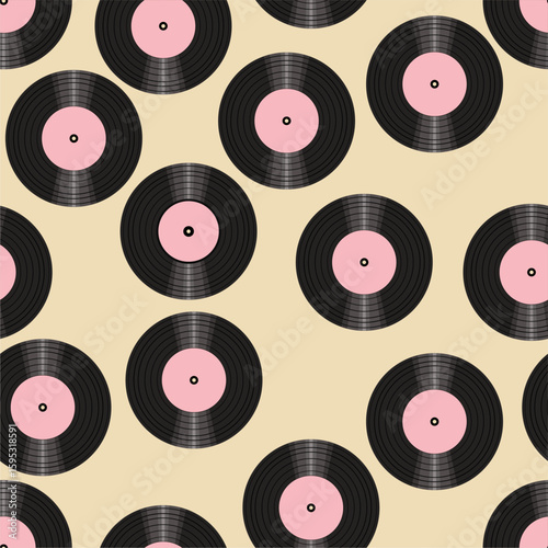 Seamless pattern print wallpaper with vinyl record discs music illustration vector retro style 60s, 70s, 80s, design art background for paper, textile, pack etc.	
