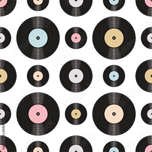 Seamless pattern print wallpaper with vinyl record discs music illustration vector retro style 60s, 70s, 80s, design art background for paper, textile, pack etc.	
