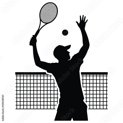 Player serving across table with net detail, black and white silhouette vector illustration