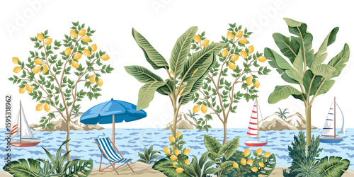 Sailboat, island, banana tree, lemon tree, tropical leaves,  chaise lounge, sun umbrella, sea wave seamless border. Summer beach mural.