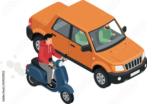 Orange car and person riding blue scooter side by side on road with traffic safety concept vector illustration