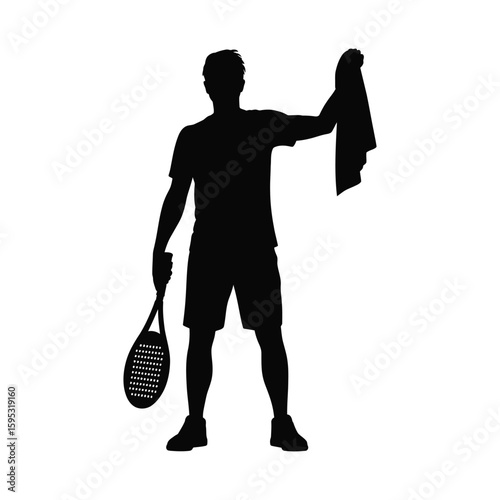 Relaxed player holding paddle and towel, black and white silhouette vector illustration
