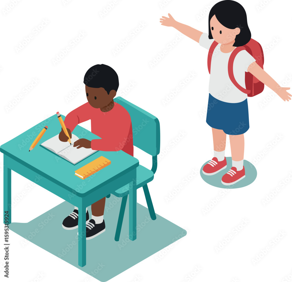 Children studying and playing in classroom with desk chair and school supplies vector illustration Children studying and playing in classroom with desk chair and school supplies vector illustration