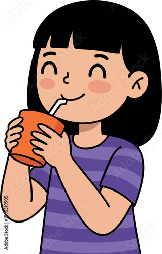 Girl drinking juice with happy expression in purple striped shirt vector illustration