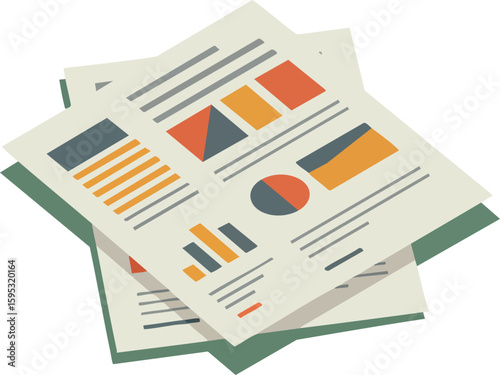 Business report documents with charts and graphs analytics data presentation vector illustration flat design