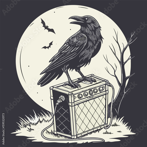 gothic raven perched on a cracked amp full moon  black crow on the fence