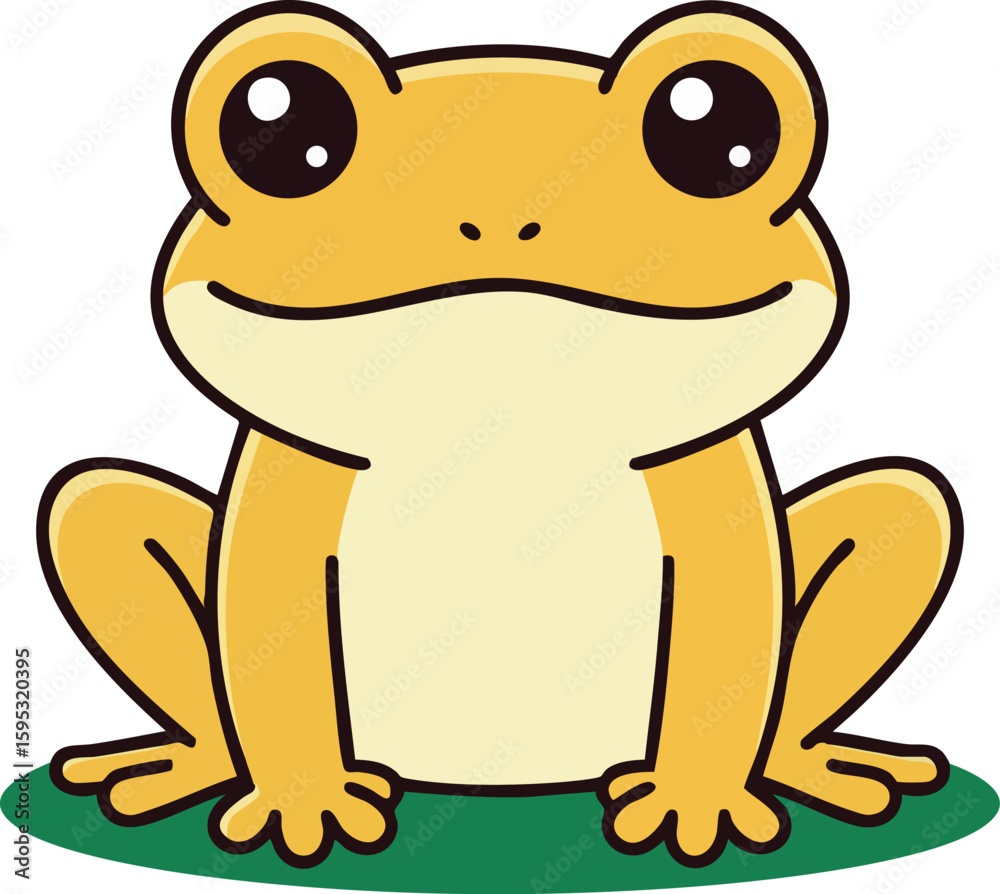 Obraz premium Yellow frog cartoon sitting on green patch vector illustration with big eyes and simple style