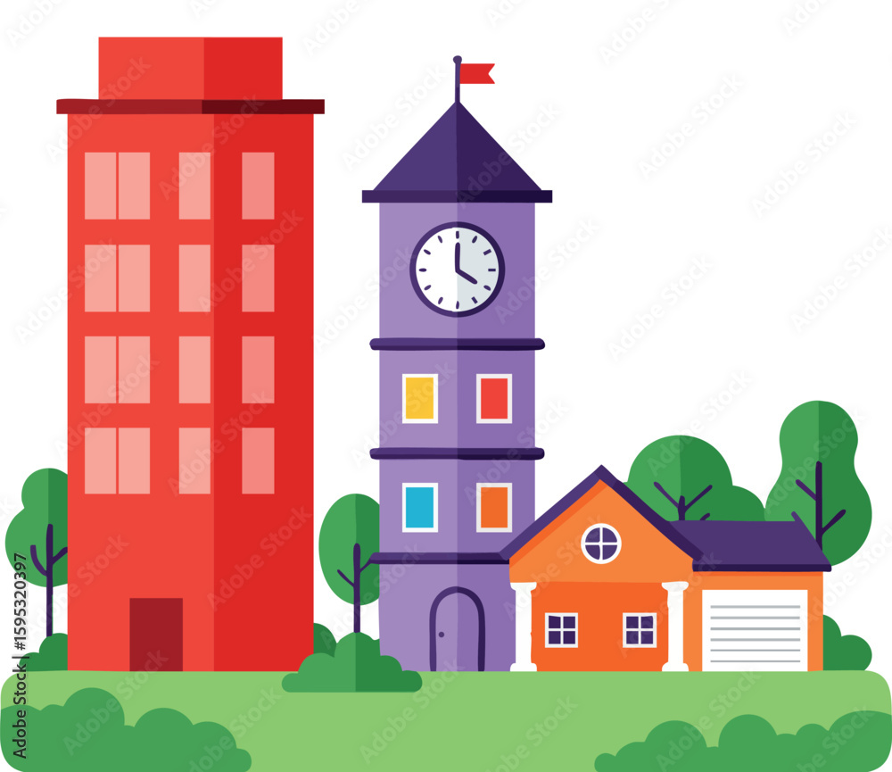 Fototapeta premium Colorful cityscape with red apartment, purple clock tower, and orange house surrounded by trees and greenery vector illustration