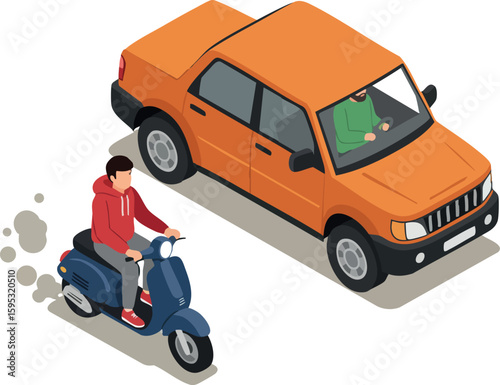 Orange car and person riding blue scooter vector illustration with isometric view and urban transportation theme