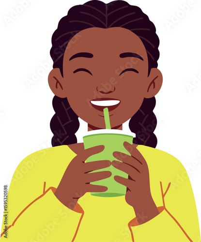 Girl drinking smoothie with braided hair wearing yellow sweater vector illustration in happy mood